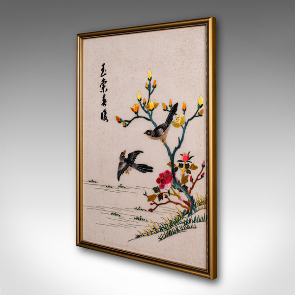 Vintage Oriental Display Panel, Korean, Embroidery, Decorative Scene, Art Deco
