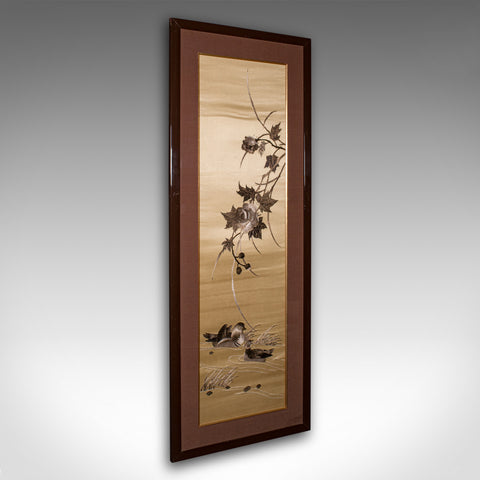 Tall Vintage Decorative Panel, Chinese, Framed, Silk Cotton Embroidery, C.1970