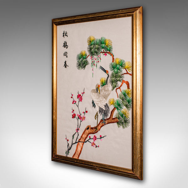 Vintage Embroidered Crane Panel, Korean, Silk Cotton, Embroidery, Art Deco, 1930