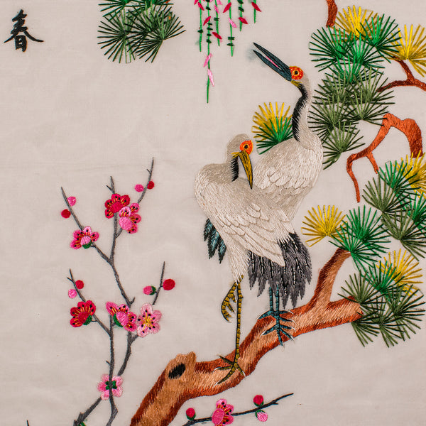 Vintage Embroidered Crane Panel, Korean, Silk Cotton, Embroidery, Art Deco, 1930