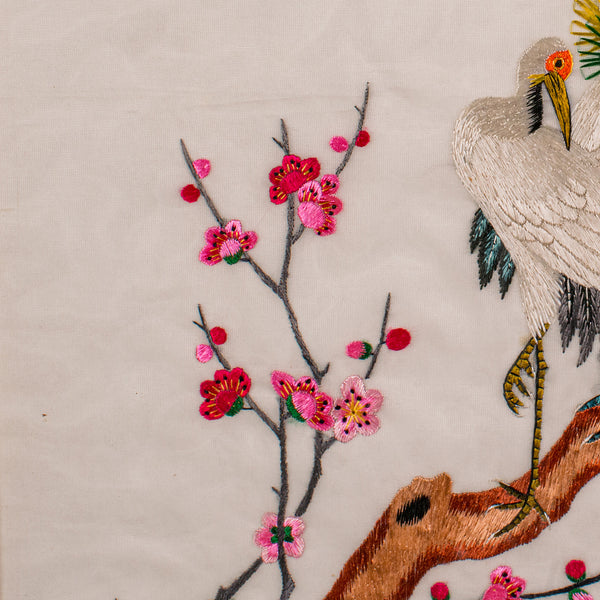 Vintage Embroidered Crane Panel, Korean, Silk Cotton, Embroidery, Art Deco, 1930