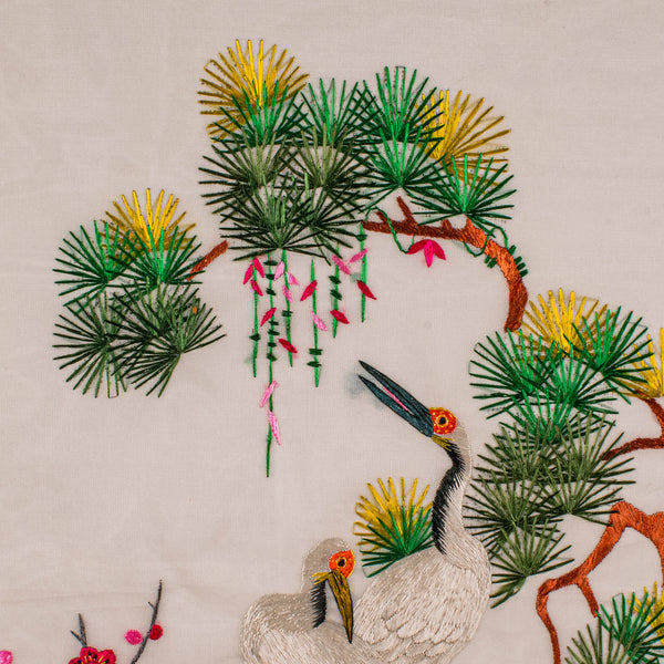 Vintage Embroidered Crane Panel, Korean, Silk Cotton, Embroidery, Art Deco, 1930