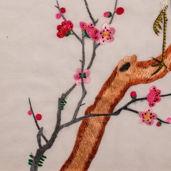 Vintage Embroidered Crane Panel, Korean, Silk Cotton, Embroidery, Art Deco, 1930