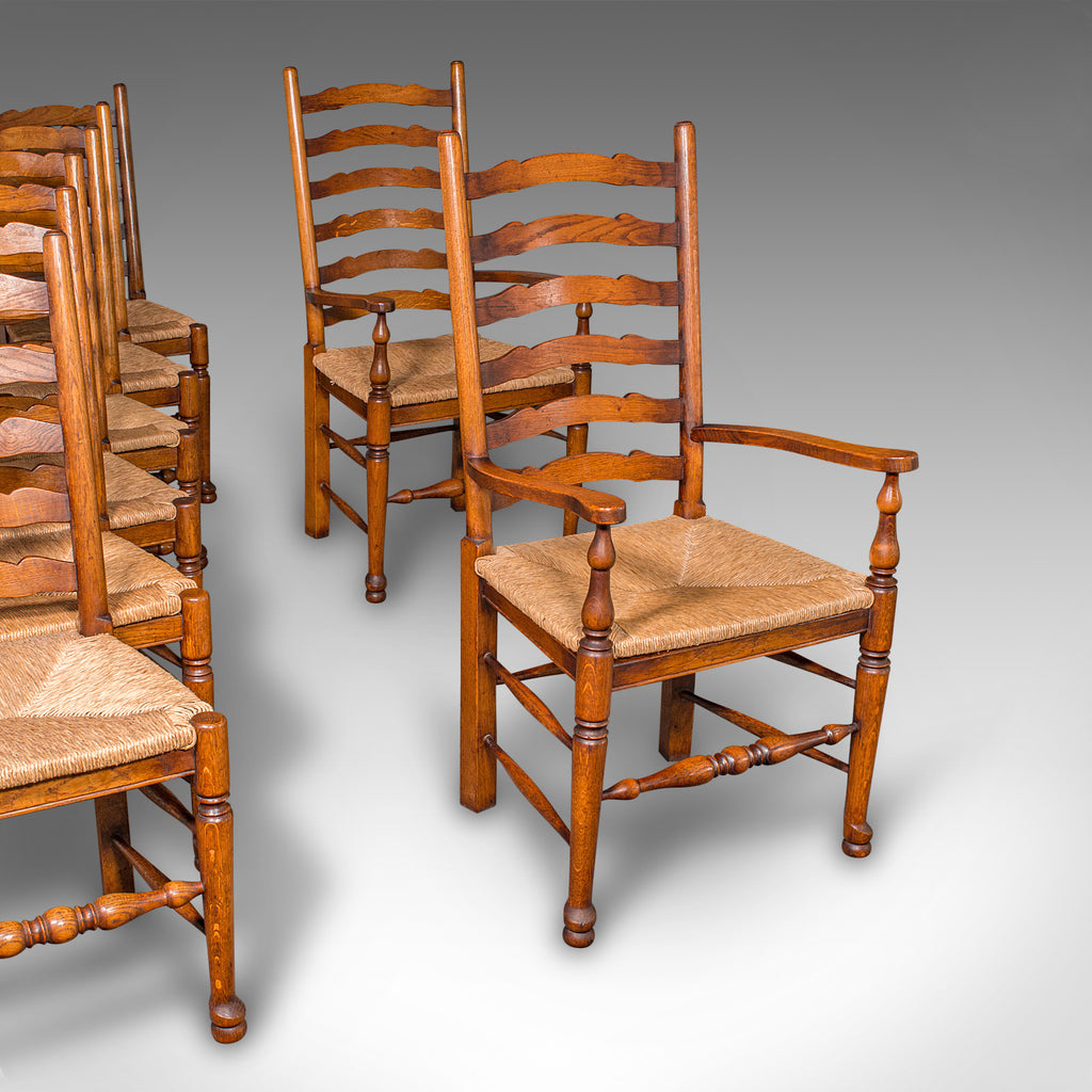 Set of Vintage Dining Chairs, English, Oak, Rush Seat, Georgian