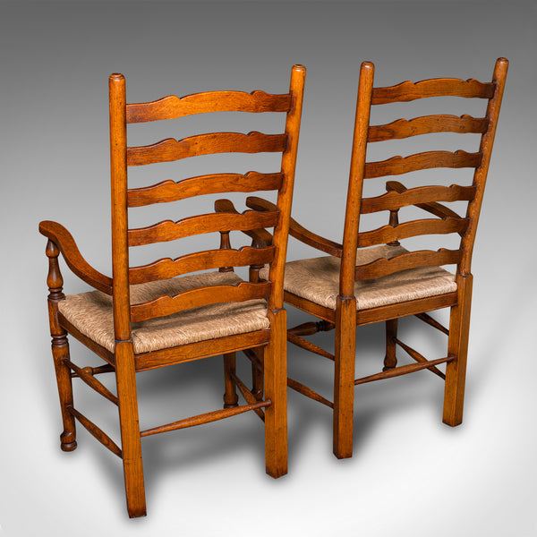 Set of 8 Vintage Dining Chairs, English, Oak, Rush Seat, Georgian Revival, Suite
