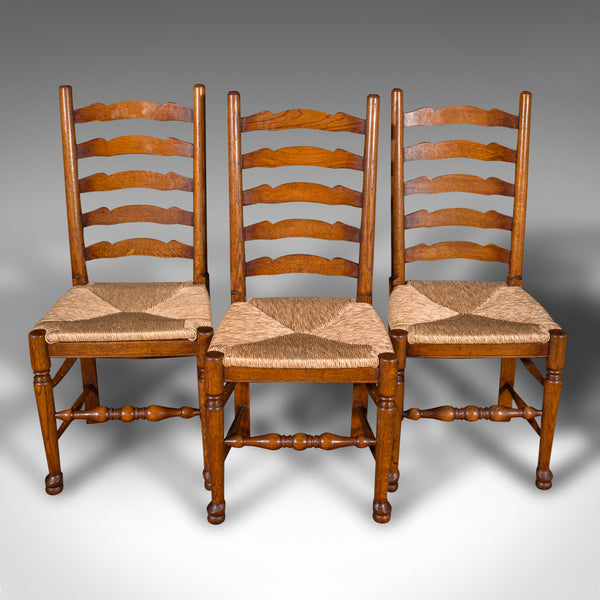 Set of 8 Vintage Dining Chairs, English, Oak, Rush Seat, Georgian Revival, Suite
