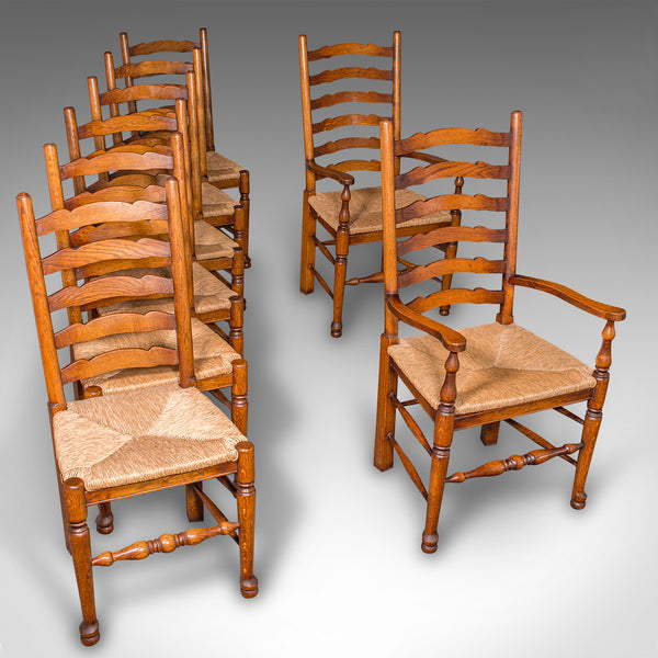 Set of 8 Vintage Dining Chairs, English, Oak, Rush Seat, Georgian Revival, Suite
