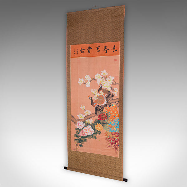 6' Tall Vintage Scroll Watercolour Painting, Chinese Art, Silk Cotton Wall Panel