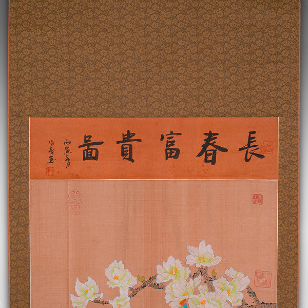 6' Tall Vintage Scroll Watercolour Painting, Chinese Art, Silk Cotton Wall Panel