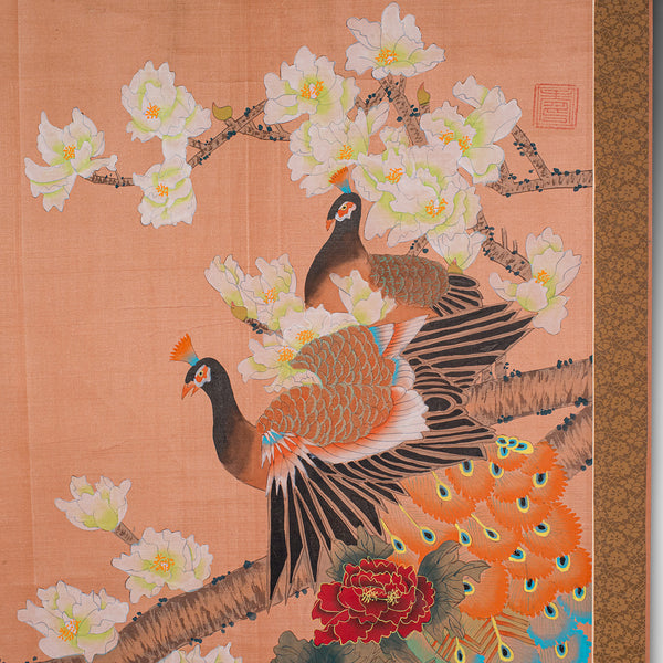 6' Tall Vintage Scroll Watercolour Painting, Chinese Art, Silk Cotton Wall Panel