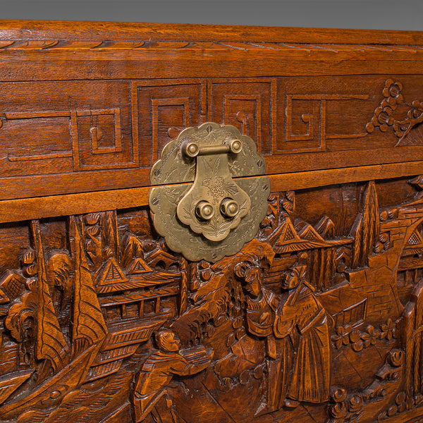 Vintage Decorative Carved Chest, Chinese, Camphorwood, Linen Trunk, Art Deco