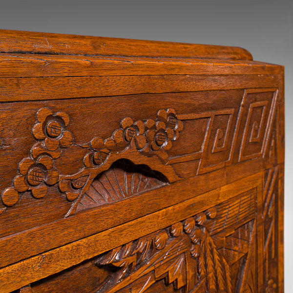 Vintage Decorative Carved Chest, Chinese, Camphorwood, Linen Trunk, Art Deco