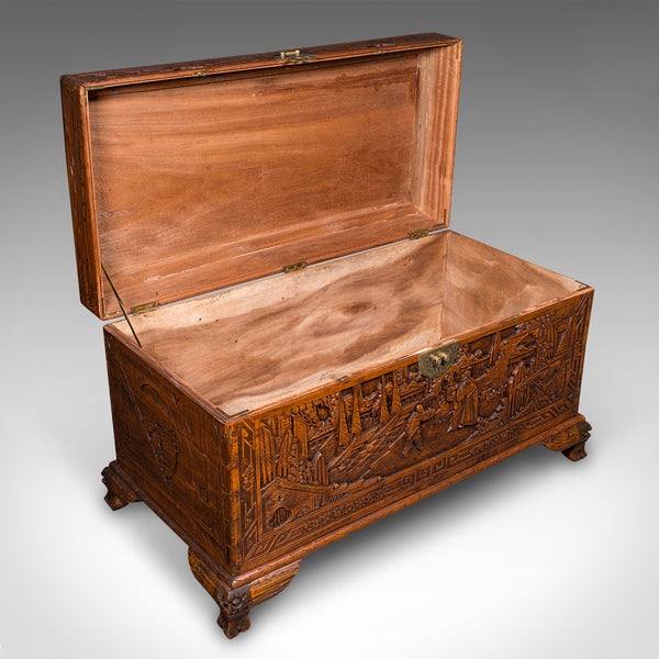 Vintage Decorative Carved Chest, Chinese, Camphorwood, Linen Trunk, Art Deco
