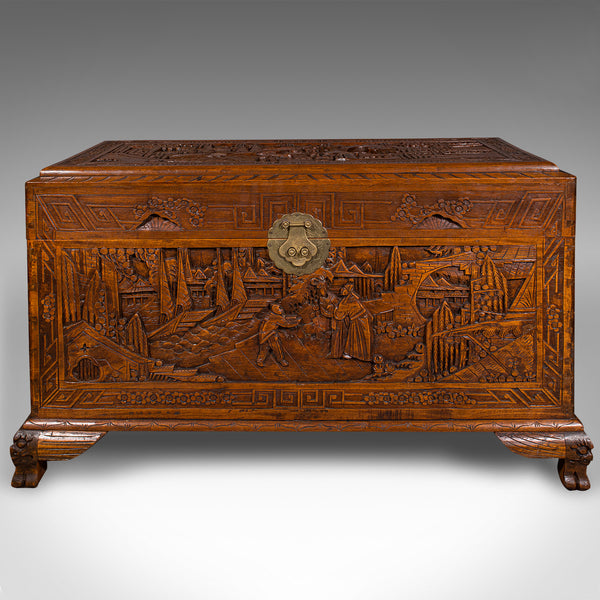 Vintage Decorative Carved Chest, Chinese, Camphorwood, Linen Trunk, Art Deco