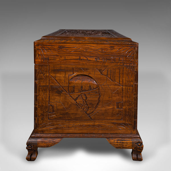 Vintage Decorative Carved Chest, Chinese, Camphorwood, Linen Trunk, Art Deco
