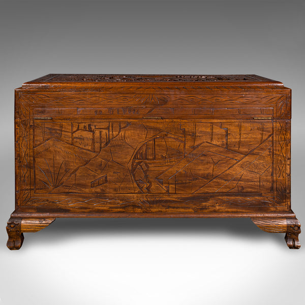 Vintage Decorative Carved Chest, Chinese, Camphorwood, Linen Trunk, Art Deco