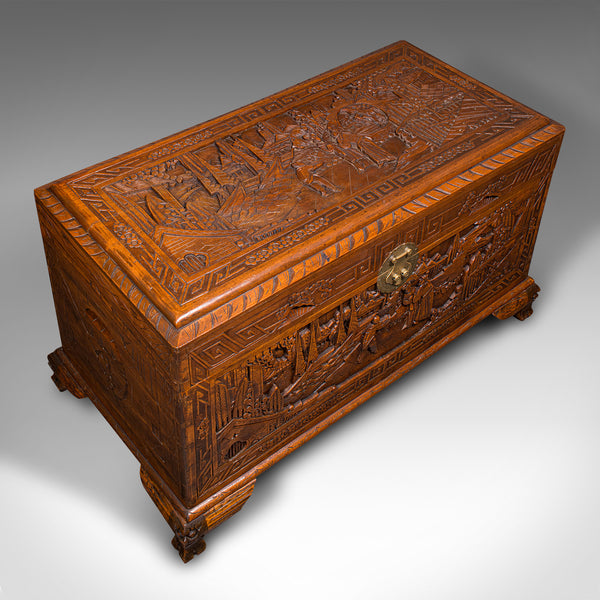 Vintage Decorative Carved Chest, Chinese, Camphorwood, Linen Trunk, Art Deco