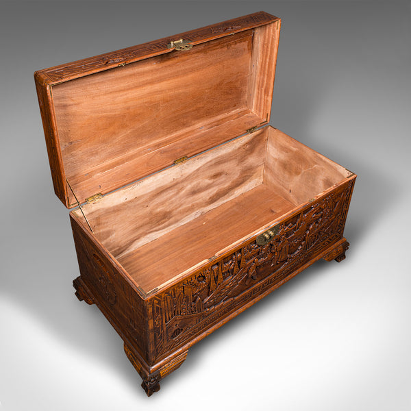 Vintage Decorative Carved Chest, Chinese, Camphorwood, Linen Trunk, Art Deco