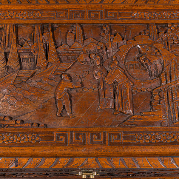 Vintage Decorative Carved Chest, Chinese, Camphorwood, Linen Trunk, Art Deco