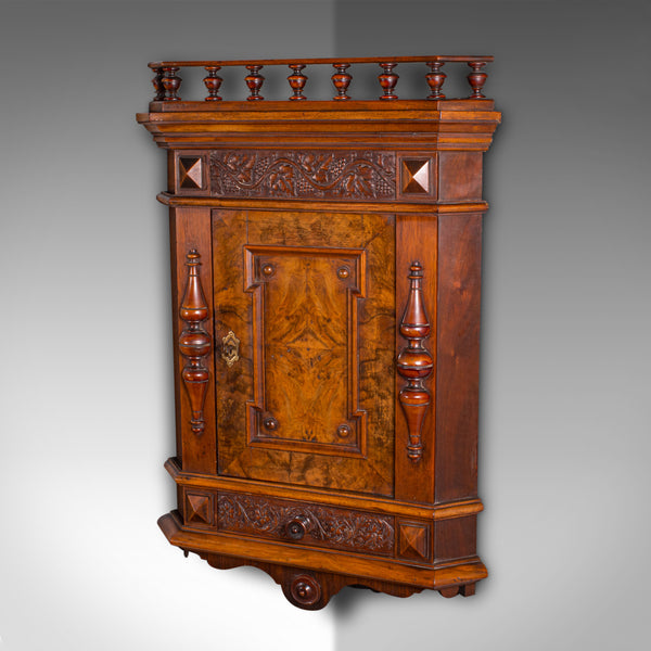 Small Antique Corner Wall Cupboard, Italian, Walnut, Cabinet, Victorian, C.1900