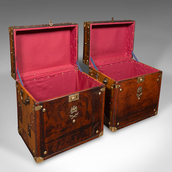 Pair Of Vintage Luggage Cases, English, Leather, Bedside, Nightstand, Campaign