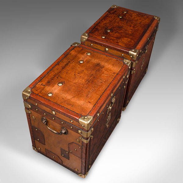Pair Of Vintage Luggage Cases, English, Leather, Bedside, Nightstand, Campaign
