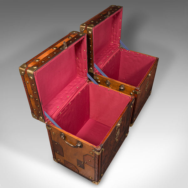 Pair Of Vintage Luggage Cases, English, Leather, Bedside, Nightstand, Campaign
