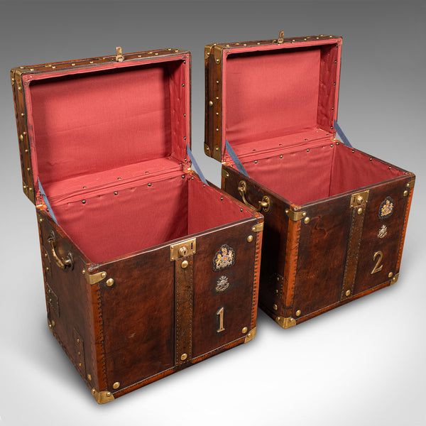 Pair Of Vintage Officer's Campaign Trunks, English, Leather, Cases, Nightstand