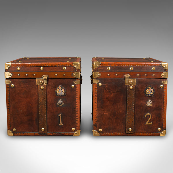 Pair Of Vintage Officer's Campaign Trunks, English, Leather, Cases, Nightstand