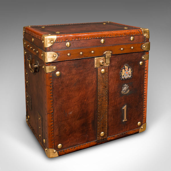Pair Of Vintage Officer's Campaign Trunks, English, Leather, Cases, Nightstand