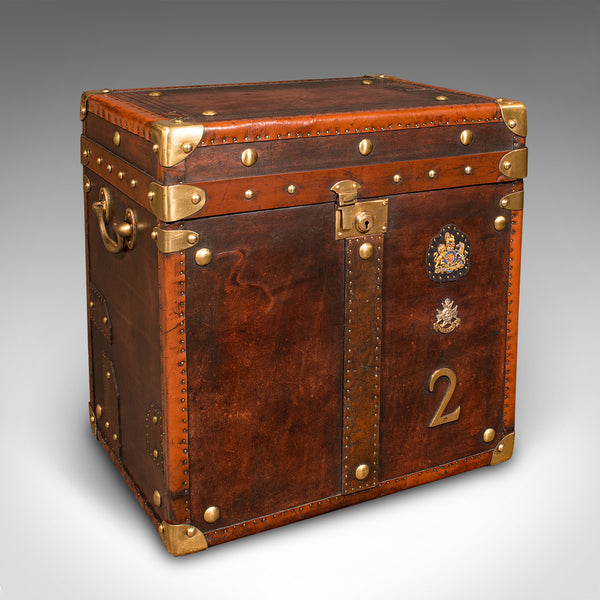 Pair Of Vintage Officer's Campaign Trunks, English, Leather, Cases, Nightstand