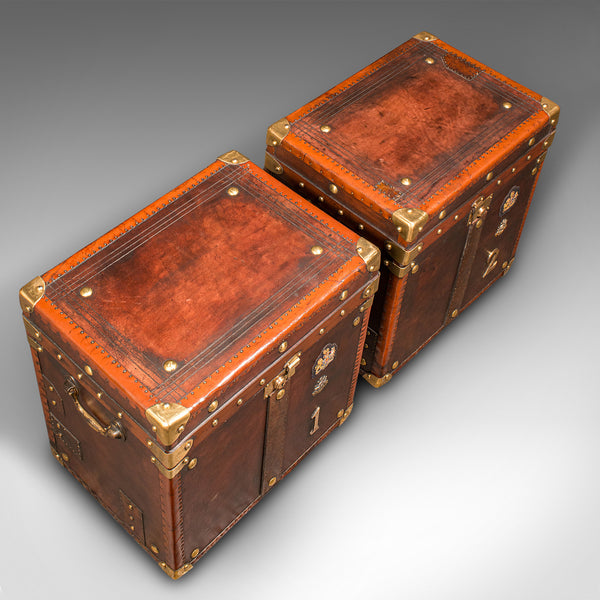 Pair Of Vintage Officer's Campaign Trunks, English, Leather, Cases, Nightstand