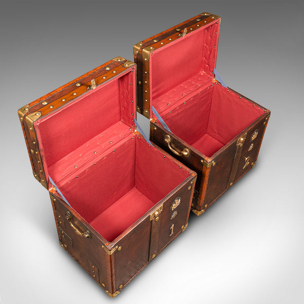 Pair Of Vintage Officer's Campaign Trunks, English, Leather, Cases, Nightstand