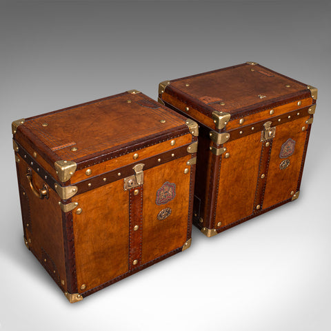 Pair Of Vintage Officer's Campaign Luggage Boxes, English, Leather, Nightstand