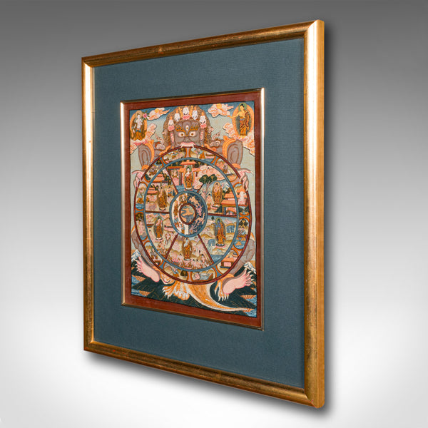 Vintage Thangka Wheel Of Life Painting, Indian, Handpainted Linen, Buddhism