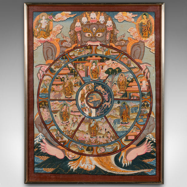 Vintage Thangka Wheel Of Life Painting, Indian, Handpainted Linen, Buddhism