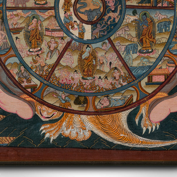 Vintage Thangka Wheel Of Life Painting, Indian, Handpainted Linen, Buddhism