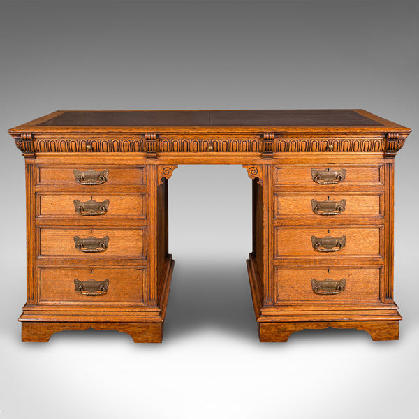 Antique Pedestal Desk, English, Oak, Leather, Merryweather & Son, Late Victorian