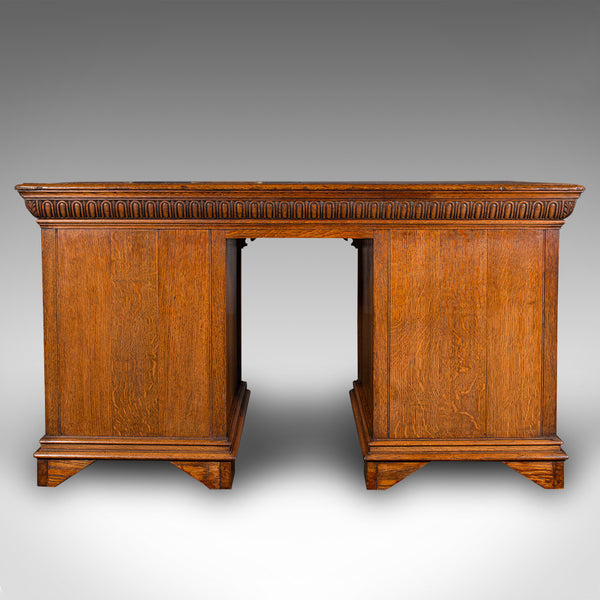 Antique Pedestal Desk, English, Oak, Leather, Merryweather & Son, Late Victorian