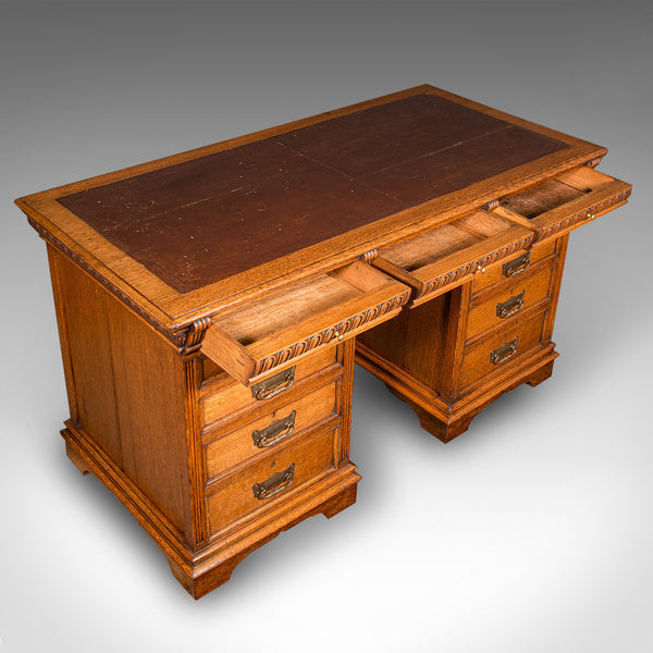 Antique Pedestal Desk, English, Oak, Leather, Merryweather & Son, Late Victorian