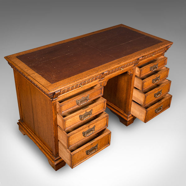 Antique Pedestal Desk, English, Oak, Leather, Merryweather & Son, Late Victorian