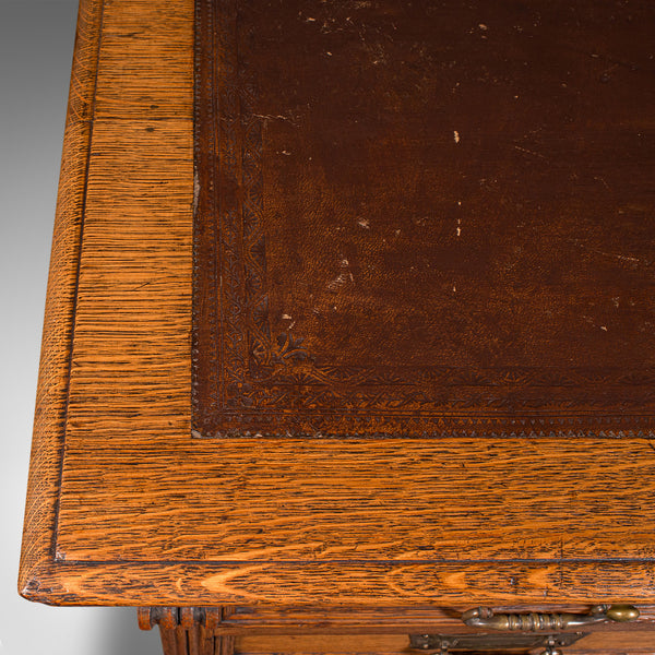 Antique Pedestal Desk, English, Oak, Leather, Merryweather & Son, Late Victorian