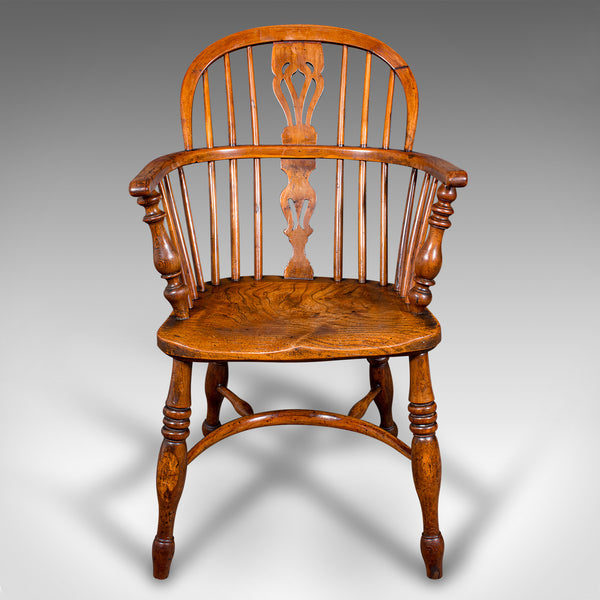Antique Low Back Windsor Chair, English, Elm, Yew, Elbow, Armchair, Victorian
