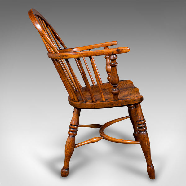 Antique Low Back Windsor Chair, English, Elm, Yew, Elbow, Armchair, Victorian