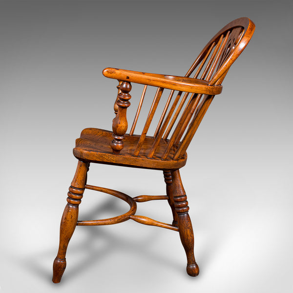 Antique Low Back Windsor Chair, English, Elm, Yew, Elbow, Armchair, Victorian