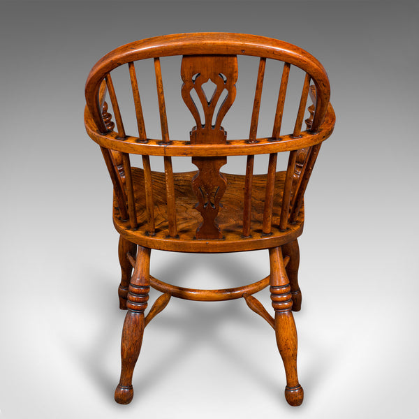 Antique Low Back Windsor Chair, English, Elm, Yew, Elbow, Armchair, Victorian