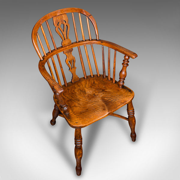 Antique Low Back Windsor Chair, English, Elm, Yew, Elbow, Armchair, Victorian