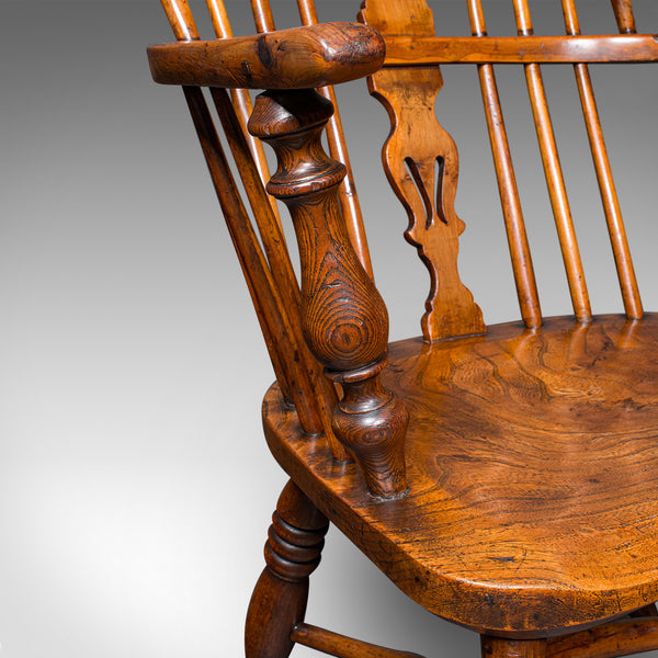 Antique Low Back Windsor Chair, English, Elm, Yew, Elbow, Armchair, Victorian