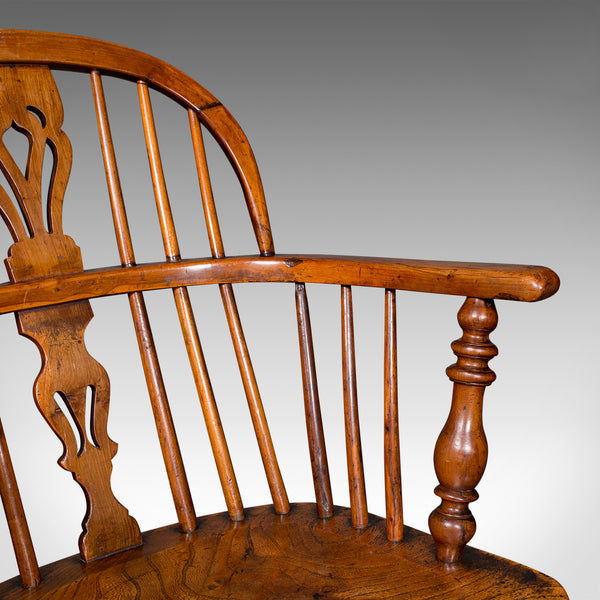 Antique Low Back Windsor Chair, English, Elm, Yew, Elbow, Armchair, Victorian