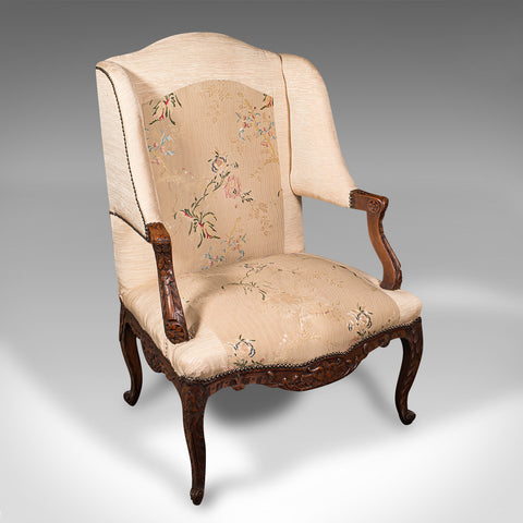 Antique Morning Room Chair, French Beech, Textile, Wing Back Armchair, Victorian